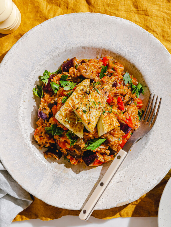 Auberginen Pilaf mit veganem Grillkaese