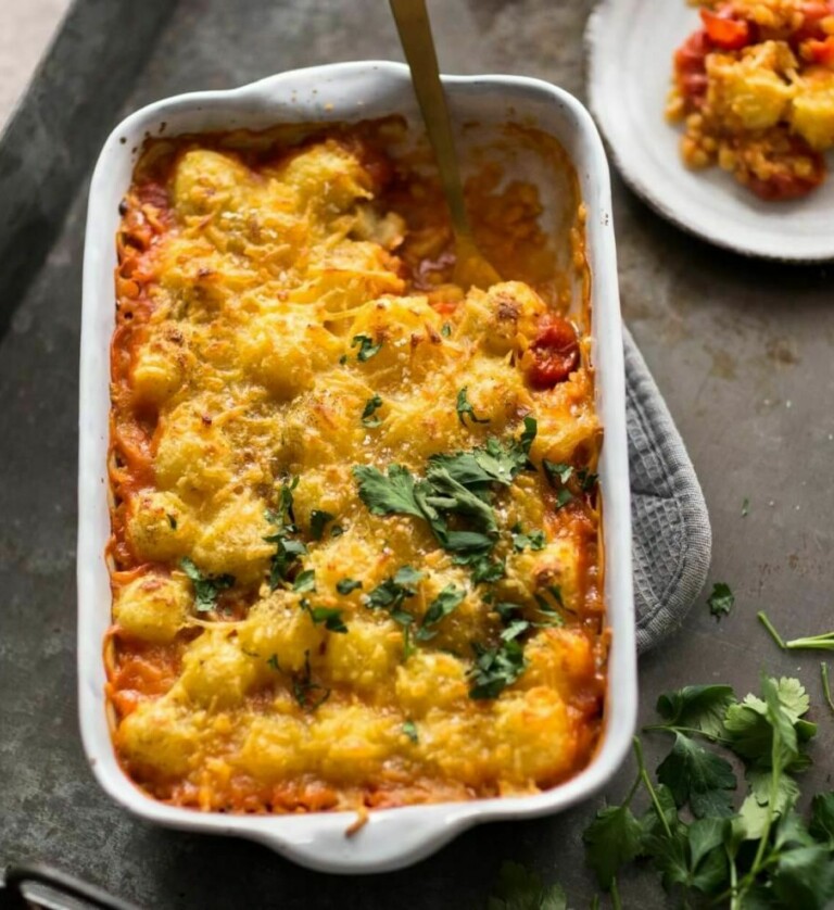Gnocchi Auflauf vegan mit Tomaten-Linsen Soße